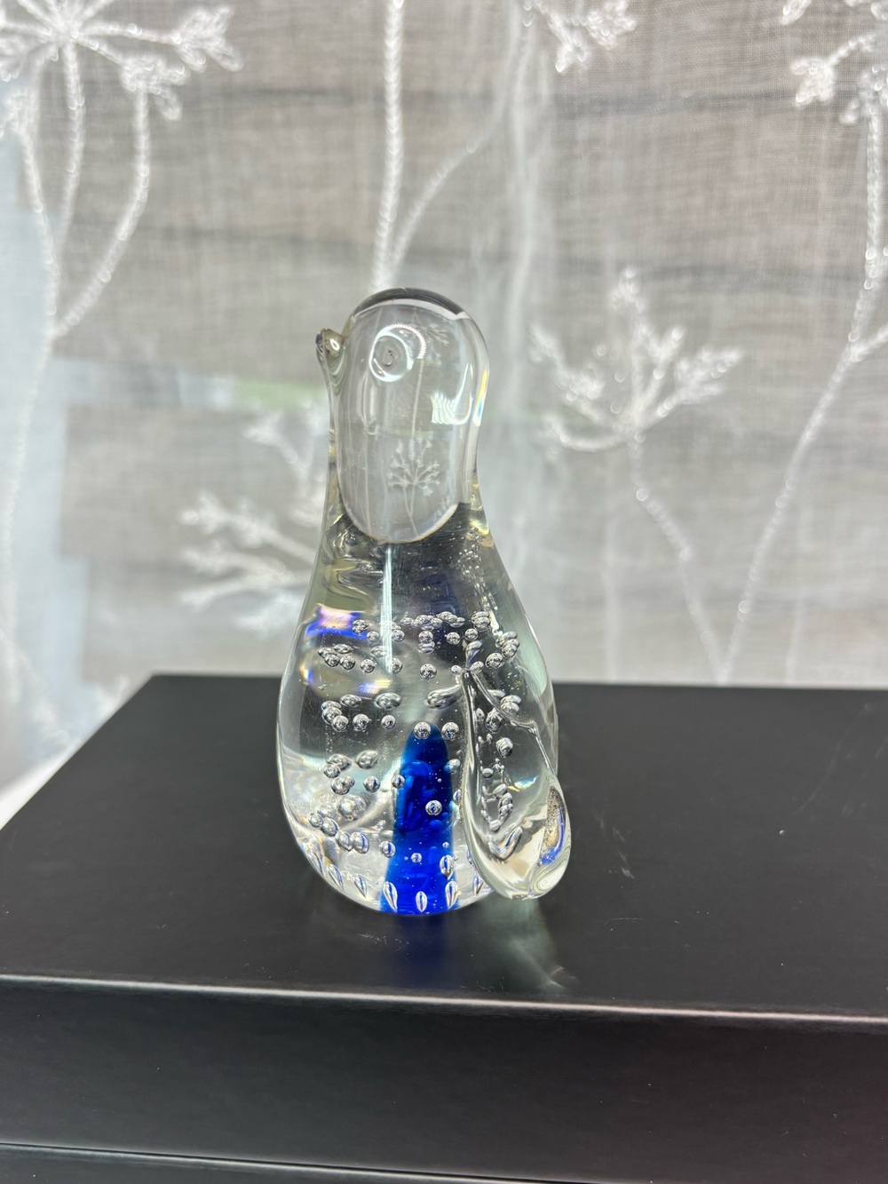 VTG Hand Blown Glass Penguin Paperweight W/ Cobalt Blue Accent & Bubbles 3.5”